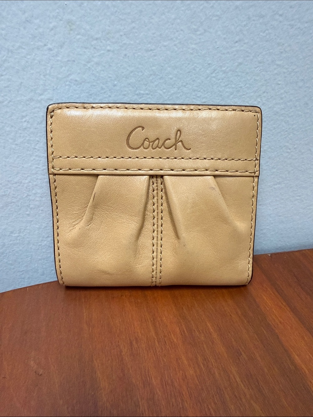 Coach Beige Pleated Leather Bifold Wallet